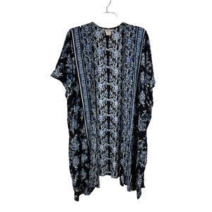 Romantic Gypsy kimono topper cardigan blue black Sz S rayon floral print coverup